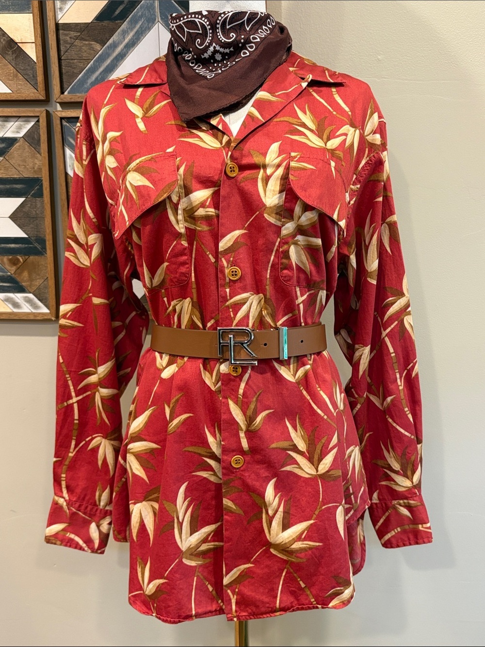 Vintage Ralph Lauren Country 90s Red Bamboo Print Cotton Top Oversized Small